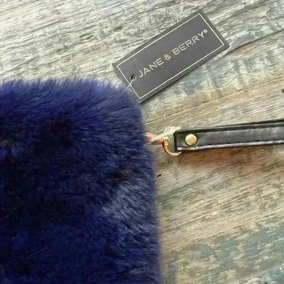 Jane & Berry Fuzzy Pouch Blue Wristlet Black Strap NWT Zipper - Picture 8 of 9